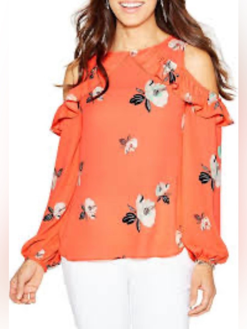 WORTHINGTON Size M Womens Orange Floral Long-Sleeved Cold-Shoulder Ruffle Blouse